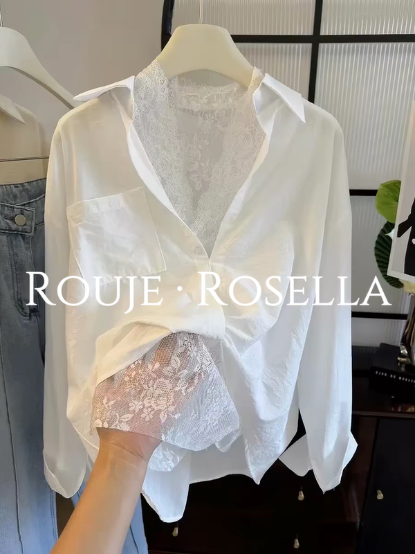 French Rouje Rosella ⭐ French Lace White Shirt for Women, Spring Design, Niche Long-Sleeved Shirt