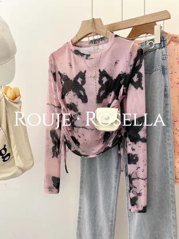 French Rouje Rosella ⭐ Tie-Dye Butterfly Sun Protection Long-Sleeved T-Shirt for Women, Summer Lightweight Mesh Base Shirt