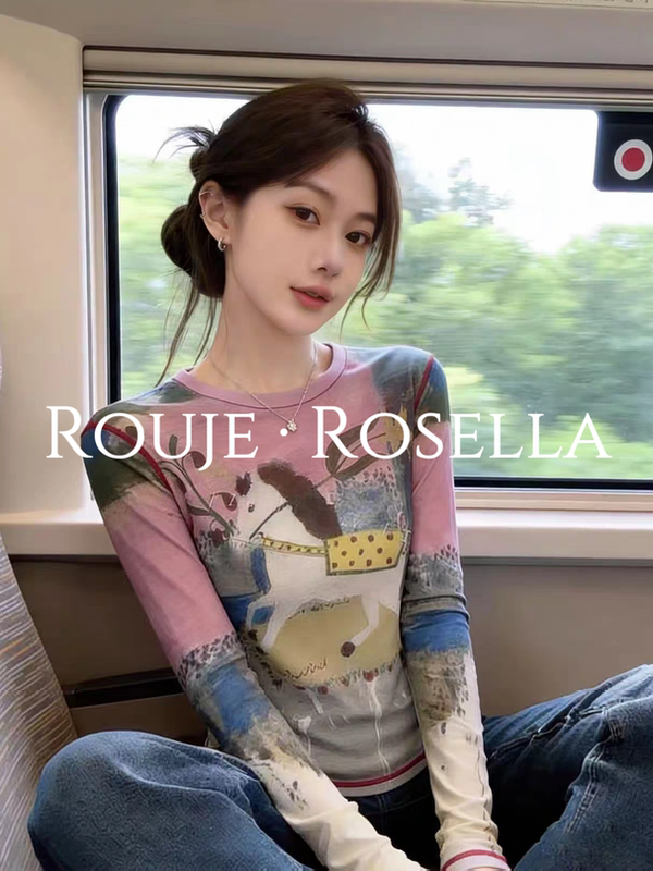 French Rouje Rosella Is Exquisite and Versatile ⭐ Printed Smudged Long-Sleeved T-Shirt for Women, Summer Thin Sun Protection Base Layer Shirt French Rouje Rosella Is Exquisite and Versatile ⭐ Printed Smudged Long-Sleeved T-Shirt for Women, Summer Thin Sun Protection Base Layer Shirt