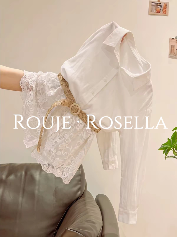 French Rouje Rosella Stunning Lace Patchwork Long-Sleeve Shirt for Women, Unique and Chic Design Top