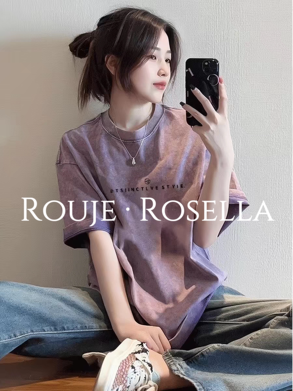 France Rouje Rosella ⭐ Vintage Washed Purple Short-Sleeve T-Shirt for Women, Summer High Street Ins Niche Top.