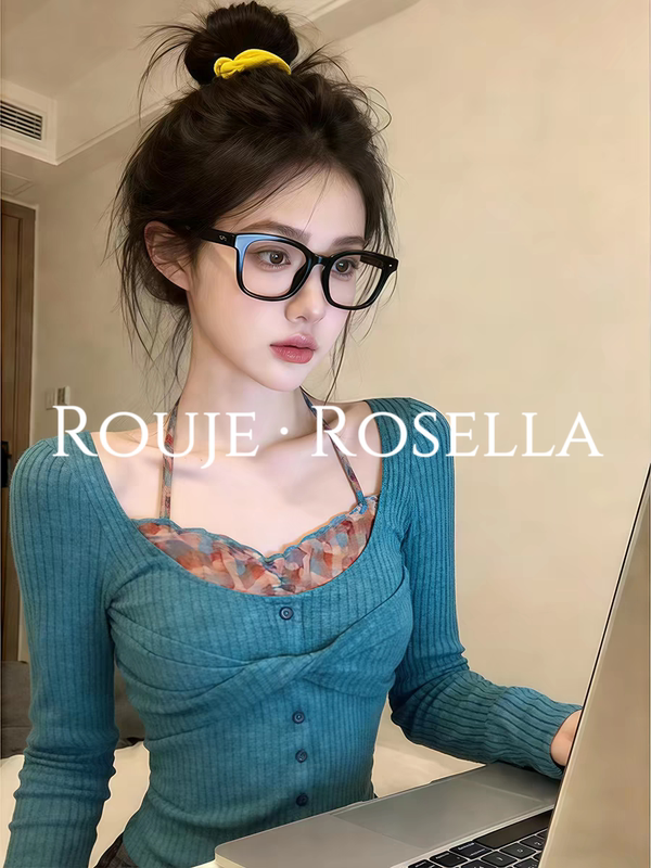 French Rouje Rosella Is Captivating ⭐ Lace Patchwork Fake Two-Piece Halter Neck T-Shirt for Women, Versatile Top for Early Spring