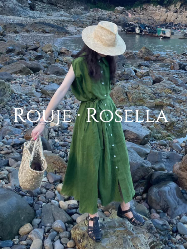 French Rouje Rosella ⭐ French Green Shirt Sleeveless Dress for Women Summer Simple Waist-Cinching Tie Dress