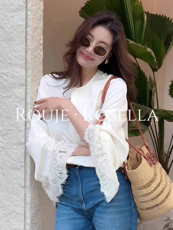 French Rouje Rosella ⭐ Beautiful and Elegant Lace Splicing Round Neck Long-Sleeved Shirt for Women, Spring Thin Top