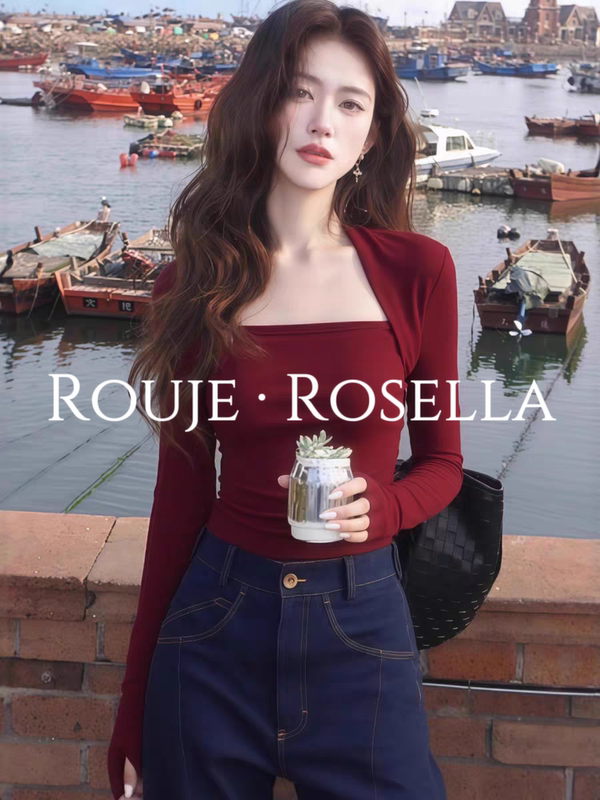 French Rouje Rosella ⭐ New Year's Red Square-Neck Long-Sleeved T-Shirt for Women in Autumn and Winter, Slim-Fitting Bottoming Top