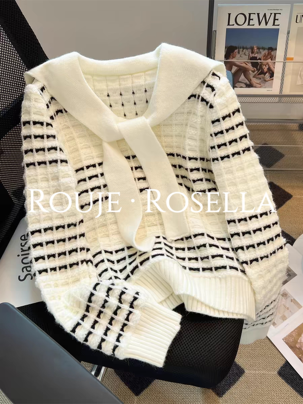 French Rouje Rosella ⭐ Navy Striped Shawl with Tie, Worn Outside, Sweet and Loose Knit Sweater. French Rouje Rosella ⭐ Navy Striped Shawl with Tie, Worn Outside, Sweet and Loose Knit Sweater.
