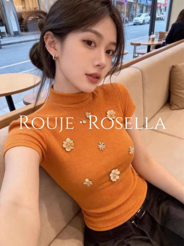 France Rouje Rosella ⭐ Three-Dimensional Floral Half-High Collar Short-Sleeve T-Shirt for Women, Dopamine-Style, Super Stylish Top.