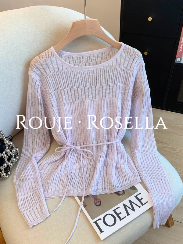 French Rouje Rosella ⭐ French-Style Hollow-Out Knit Top for Women, New Summer Style, Lazy Lace-Up Top