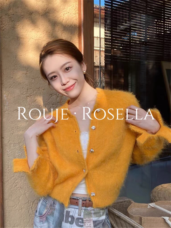 French Rouje Rosella ⭐ French-Style Orange High-End Mohair Sweater for Women, Thick Cardigan Jacket