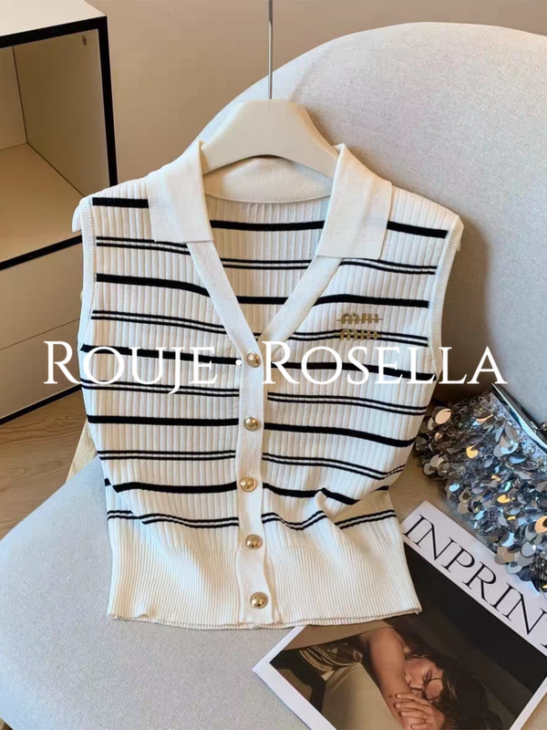 French Rouje Rosella Is Full of Elegance ⭐ French Striped Lapel Sleeveless Knit Top, Stunning Top French Rouje Rosella Is Full of Elegance ⭐ French Striped Lapel Sleeveless Knit Top, Stunning Top