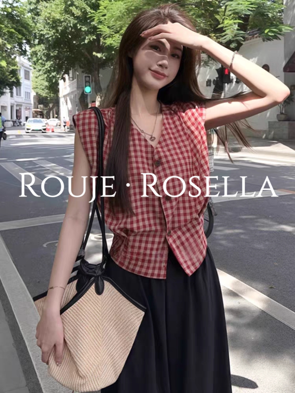 French Rouje Rosella ⭐ Retro Red Plaid Vest Sleeveless Shirt Women's Design Outer Top