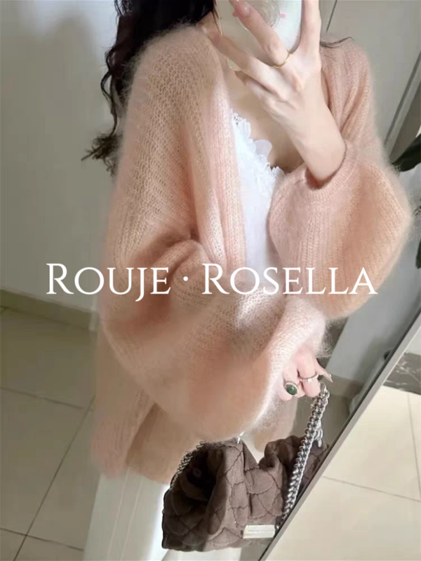 French Rouje Rosella ⭐ Gentle Pink Mohair Knitted Cardigan for Women, Soft and Fluffy Sweater French Rouje Rosella ⭐ Gentle Pink Mohair Knitted Cardigan for Women, Soft and Fluffy Sweater