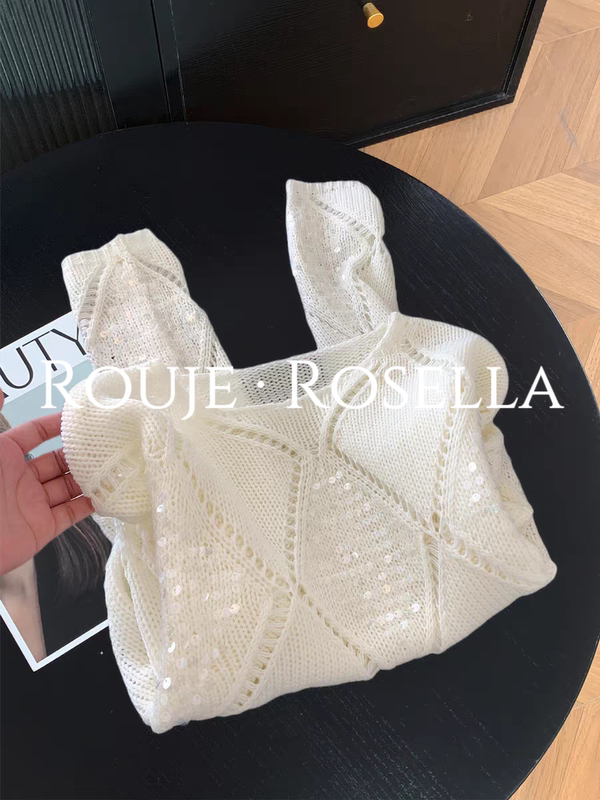 French Rouje Rosella ⭐ Stylish Diamond-Shaped Heavy Sequin Hollow-Out Knit Stunningly Beautiful Loose Sweater