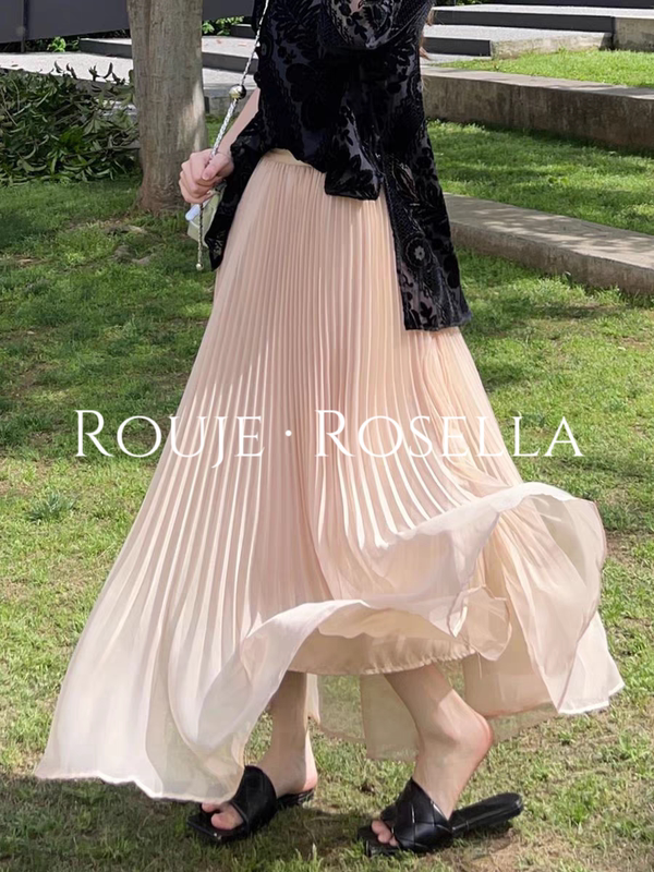 France Rouje Rosella ⭐ Recommended Elegant Chiffon Mesh Pleated Skirt for Women, Summer Long Skirt for Petite Figures.