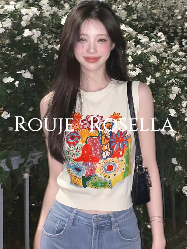 French Rouje Rosella Is Highly Recommended by Fans ⭐ Off-White Printed Sleeveless Vest for Women, Summer Dopamine Top French Rouje Rosella Is Highly Recommended by Fans ⭐ Off-White Printed Sleeveless Vest for Women, Summer Dopamine Top