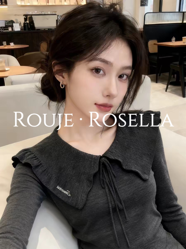 French Rouje Rosella Is Full of Beauty ⭐ Gray V-Shaped Lapel Bow-Knot Knitted Women's Spring Stylish Top