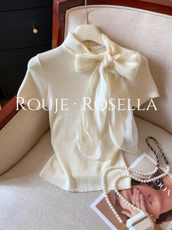 French Rouje Rosella Is Chic and Age-Reducing ⭐ Bow Ribbon Short-Sleeved T-Shirt Women's Summer Knitted Top