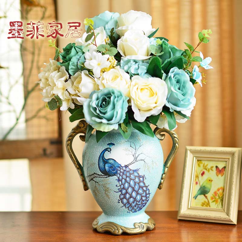 American vintage ceramic large vase European home living room TV cabinet ornaments simulation floral dry flower arrangement decoration