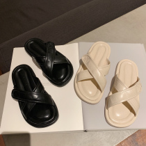 NRETRO simple cross slippers womens summer wear fashion 2021 new female super fire flat bottom net red cool drag