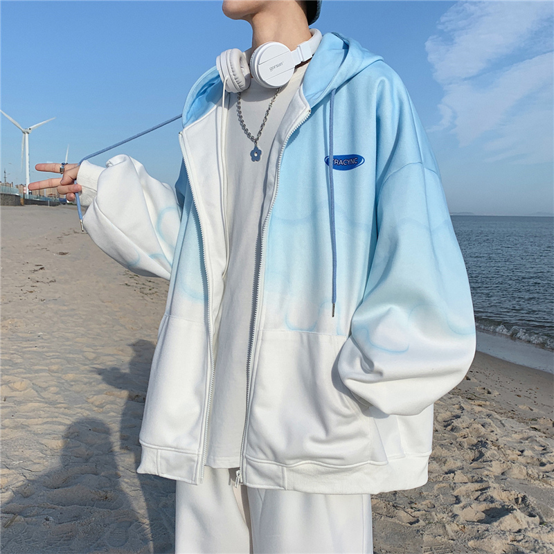 Men's Hooded Sweatshirt for Spring, Autumn, and Winter, Tie-Dye Gradient Color Cardigan Jacket, Ins Hong Kong Style Loose Trendy Top