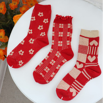 Spring and summer new red socks double needle double road combed cotton elk mid stockings Christmas socks retro red plaid socks