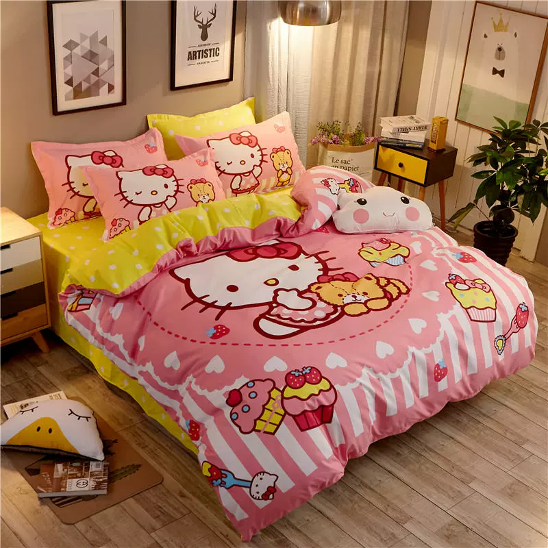 Phim hoạt hình Hello Kitty cạo bốn mảnh công chúa gió của trẻ em Bộ đồ giường ba mảnh cho bé gái kt Khăn trải giường mùa đông