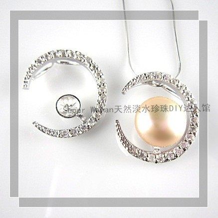 DIY Natural Pearl Pendant Accessories 925 Sterling Silver Crescent Moon Zircon Pendant Tray Hypoallergenic BD13