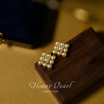 Fa-style Polar Light Golden Ensemble Akoya Natural Seawater Pearl 18K Gold Diamond Fan-style Square Stud
