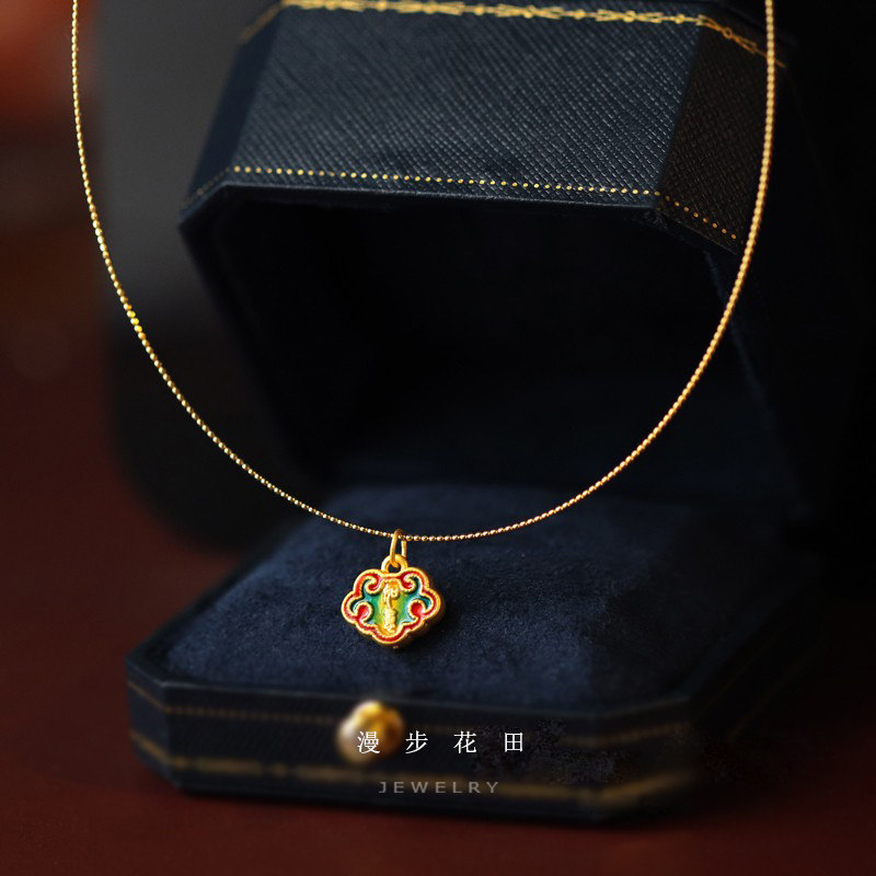 Neon clothes 24K gold ancient method burnt blue 3D hard gold enamel colorful auspicious cloud cat catch blessing pendant k gold collar matching