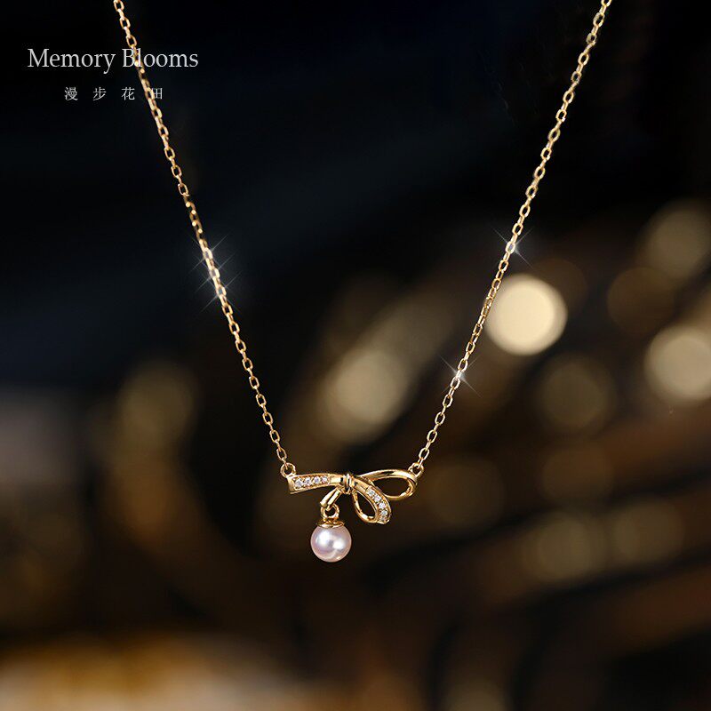 玲珑18K金钻石日本Akoya海水珍珠迷你蝴蝶结锁骨链项链:💍珠宝界的温柔杀手,你值得拥有! -颈饰-淘宝好物网