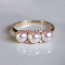 Extremely brilliant beads diamond 18K gold ring Japan imported Akoya three natural sea water Small pearl ring