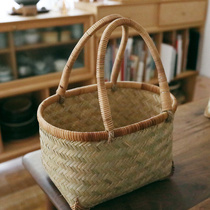 Glutinous rice porcelain) Chinese handmade bamboo rectangular basket shopping basket hand basket picnic blue