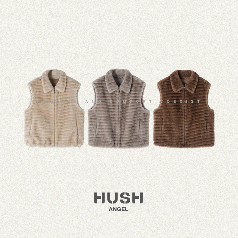 Hush Angel Lapel Faux Fur Vest for Women Autumn Striped Plush Zipper Vest Warm Sleeveless Outerwear Vest