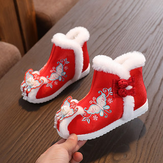 Girls' hanfu shoes, children's costume embroidered shoes, winter cotton shoes with horse skirts, costumes and new year's greeting shoes