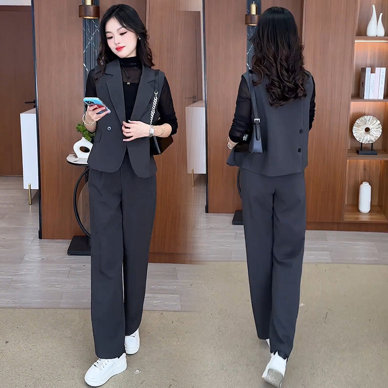 Fashion Suit for Women 2026 Spring New Stylish Slim-Fit Blazer Vest Jacket Base Shirt Wide-Leg Pants Three-Piece Set