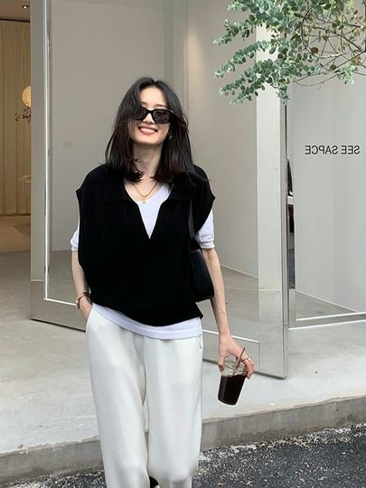 100超细羊毛翻领针织马甲女韩国学院风叠穿外搭宽松毛衣背心马夹t