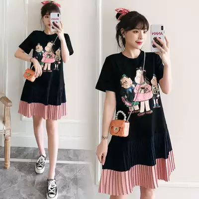 Pregnant women's summer clothes 2021 new hem stitching pleated pregnant women's dress short-sleeved mid-length top spicy mom skirt