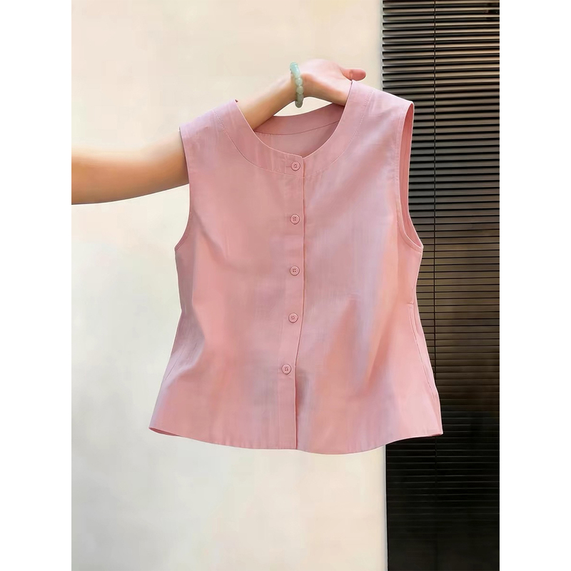 Korean Style Design Round Neck Pink Sleeveless Vest for Women 2026 Summer Thin Style Very Beautiful Unique and Stunning Top Korean Style Design Round Neck Pink Sleeveless Vest for Women 2026 Summer Thin Style Very Beautiful Unique and Stunning Top