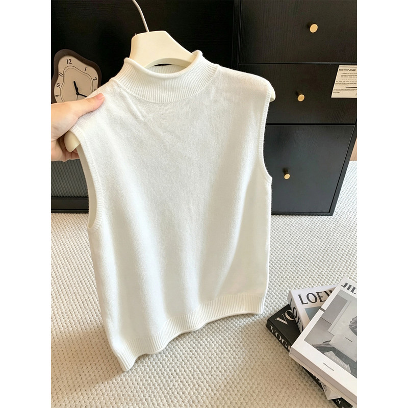 Korean-Style White Half-High Collar Sleeveless Knitted Vest for Women, New Autumn Design, Unique and Versatile Trendy Top Korean-Style White Half-High Collar Sleeveless Knitted Vest for Women, New Autumn Design, Unique and Versatile Trendy Top