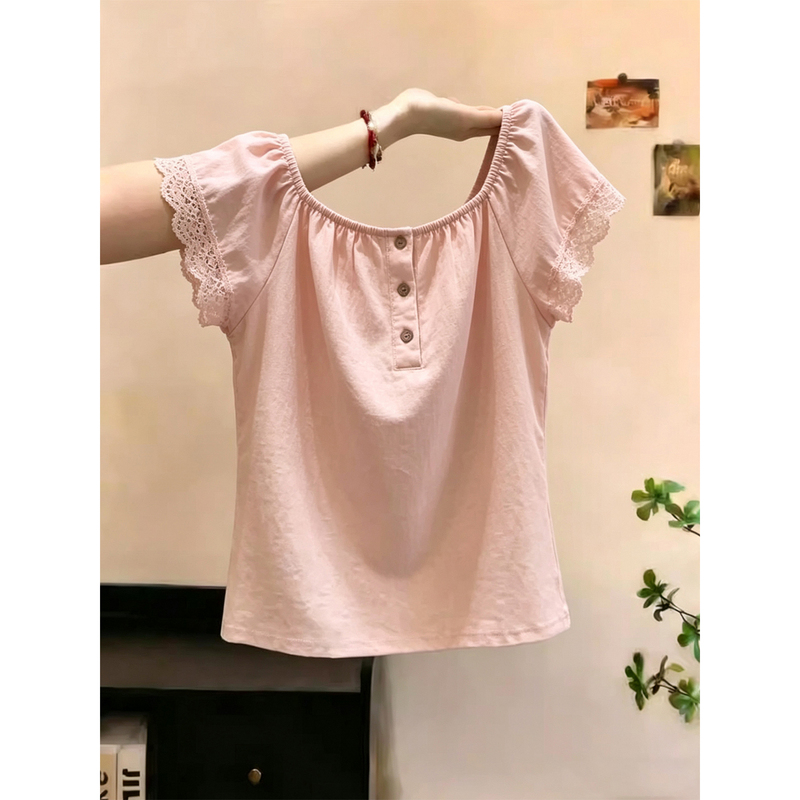 French Sweet Style Lace-Trimmed Pink Short-Sleeved Shirt for Women, New Summer Style Round Neck Buttoned Versatile Age-Reducing Top