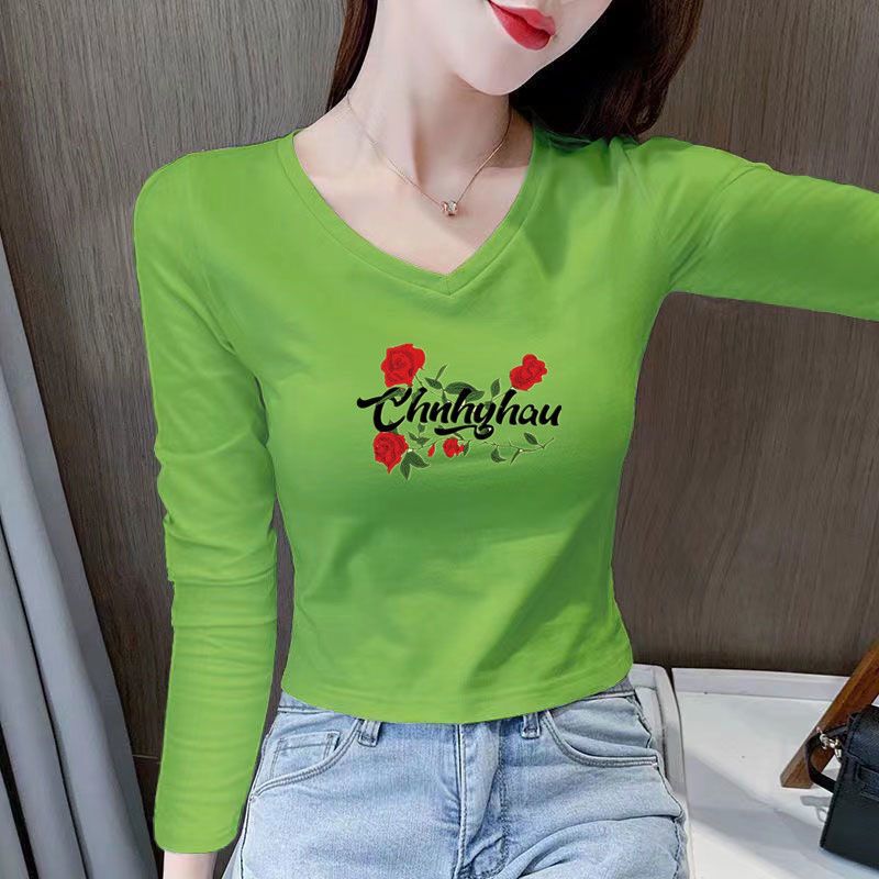 Avocado Green Long-Sleeve T-Shirt for Women, Short Style, Autumn Slim Fit, High-Waisted, Crop Top, Tight-Fitting, New Style for Petite Figures