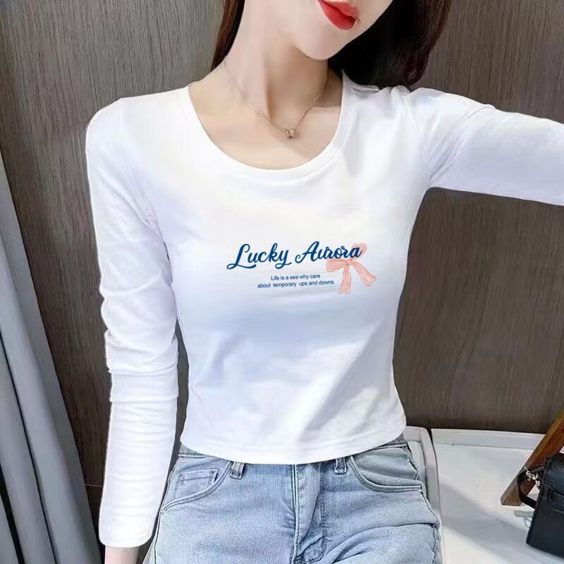 2025 Spring, Autumn, and Winter White Base Shirt with Korean-Style Slim-Fit Crop Top, Short High-Waisted Long-Sleeve T-Shirt for Women 2025 Spring, Autumn, and Winter White Base Shirt with Korean-Style Slim-Fit Crop Top, Short High-Waisted Long-Sleeve T-Shirt for Women