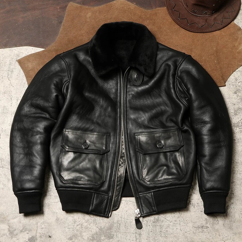 Haining Winter Pilot Leather and Fur Integrated Jacket for Men, Lamb Wool Heavy-Duty Stylish Zipper Warm Leather Coat Trendy