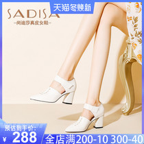 Spring 2021 new high heels pointed thick heel shallow single shoes women Velcro white leather shoes