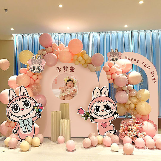 Labubu theme birthday boy girl baby full moon hundred days KT board layout balloon decoration party background wall