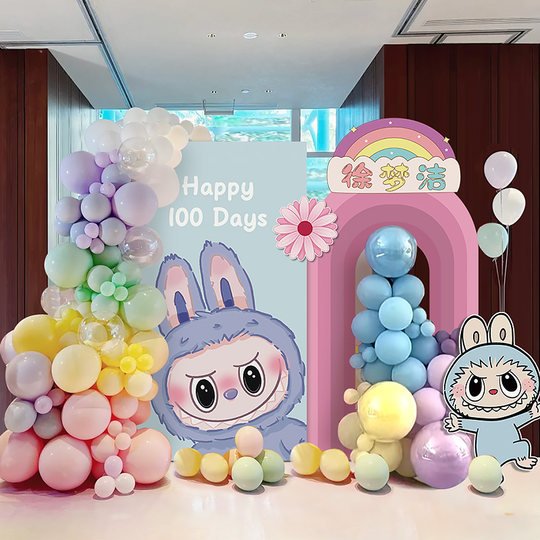 Labubu theme birthday boy girl baby full moon hundred days KT board layout balloon decoration party background wall