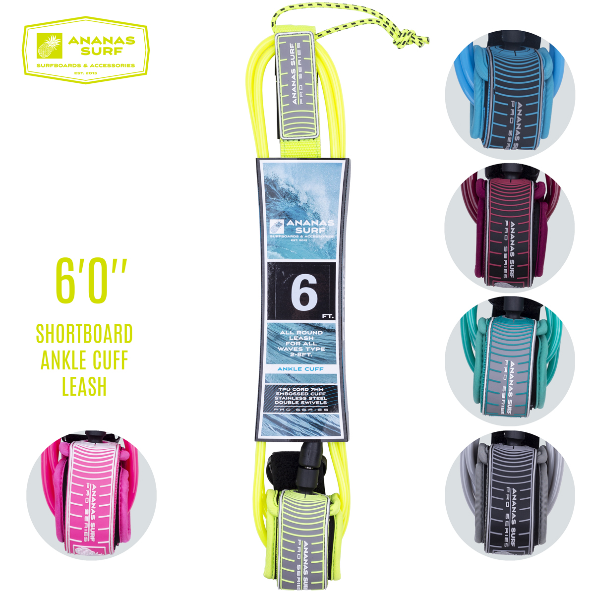 ANANAS SURF pineapple surfing 6 feet 0 ankle rope LEASH surfing short board ankle rope wind wing rope