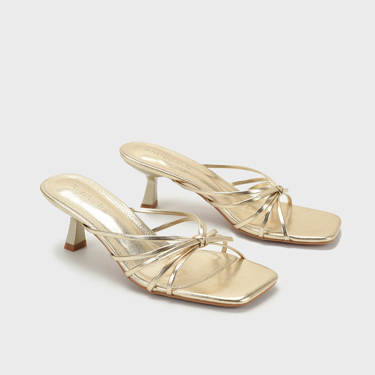 High-End Feel! Women's Summer High-Heeled Slippers with Gold Thin Straps, Mid-Heel, Pointed Toe, Open-Toe, Stiletto Heel, and One-Strap Design