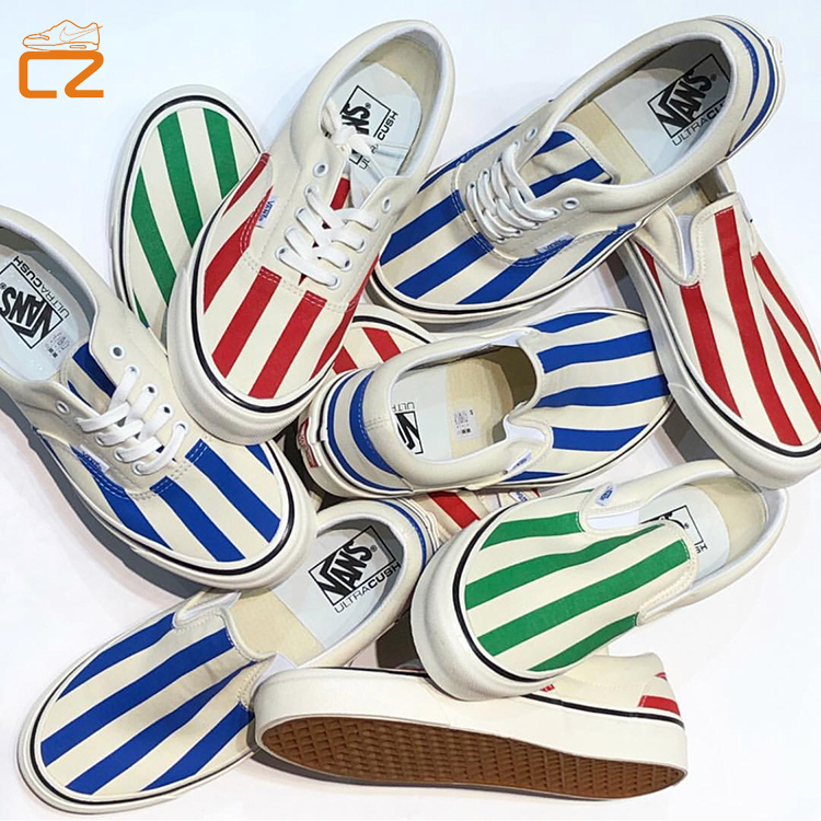 Vans Era Slip-On Shoes in Red, Blue, and Green with Striped Pattern, Classic Low-Top Canvas Shoes for Men and Women