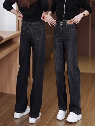 Демисезонные прямые свободные джинсы, штаны, утепленные джинсы с начесом, большой размер, по фигуре, для формы тела «груша»